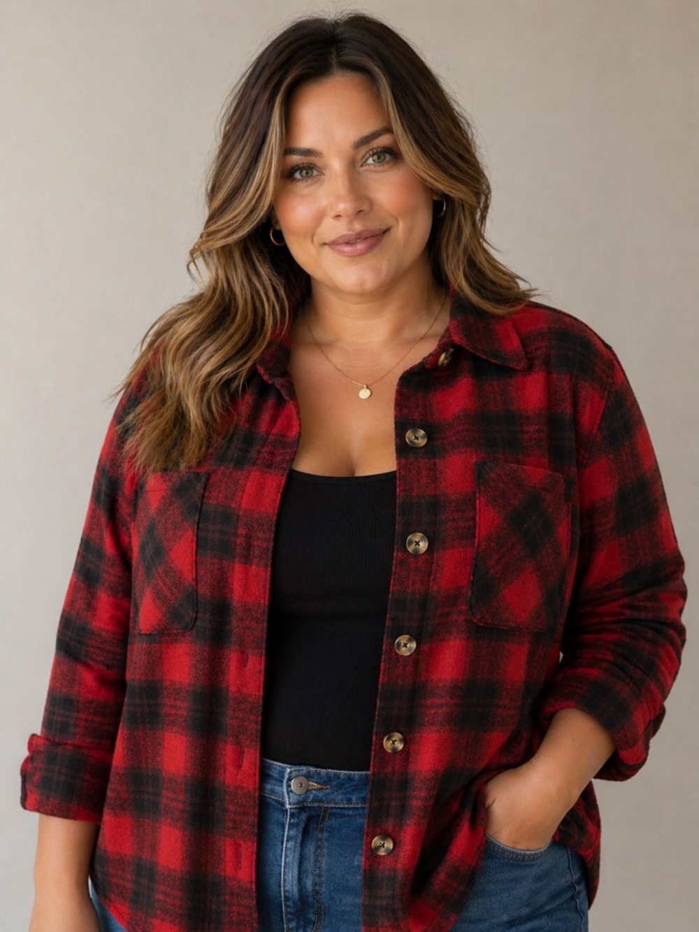 Terra & Sky Women's Plus-Size 1X Red and Black Plaid Button-Front Jacket